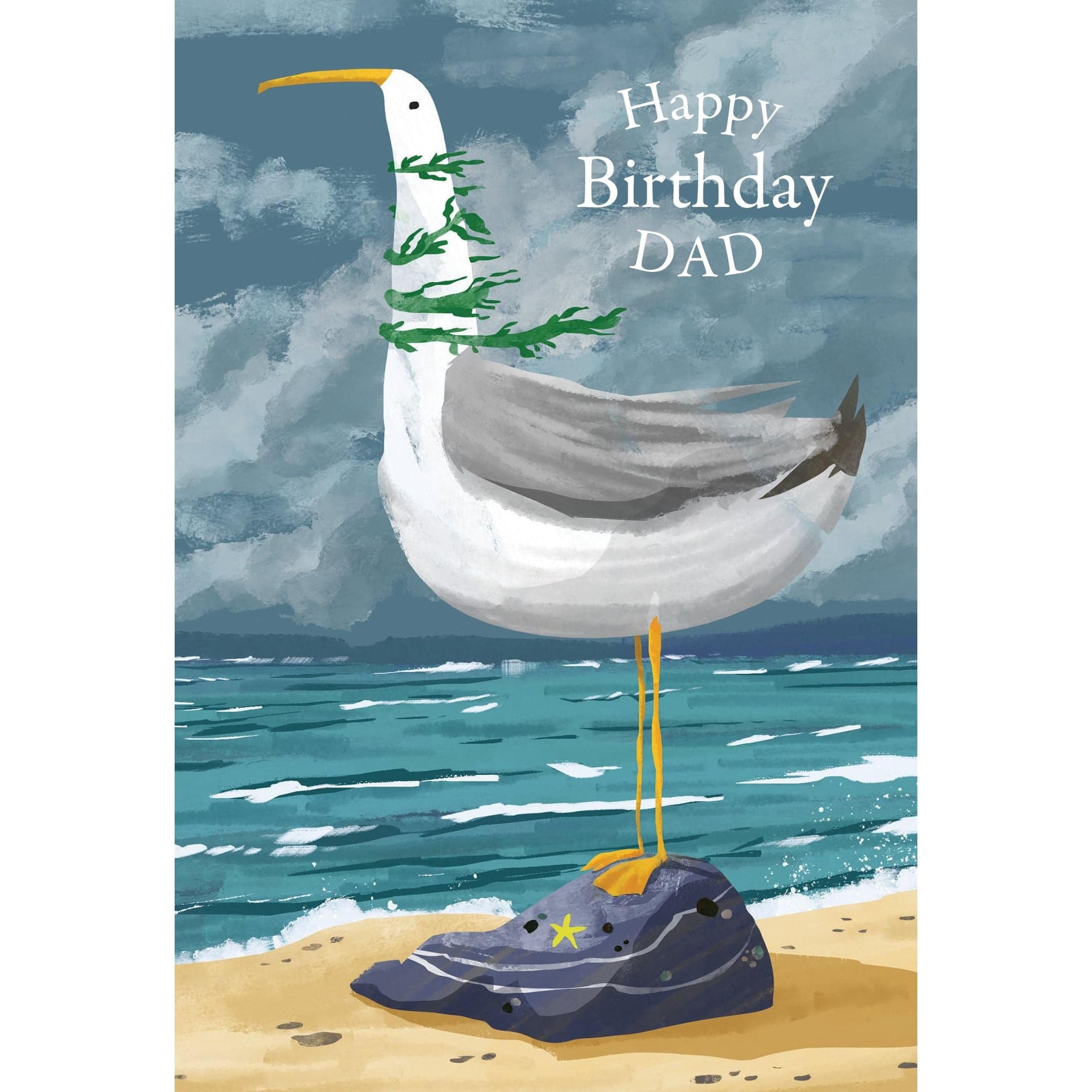 Seagull birthday card for father from Pictura, featuring a seaside scene with a seagull and cheerful birthday message.